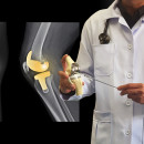 a physician in a white coat points to the replacement joint in a model knee