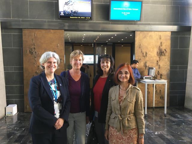 Tracey Howe (Cochrane Global Ageing), Sylvia de Haan (Cochrane), Sue Marcus (Cochrane Global Ageing) and Ritu Sadana (WHO) meeting in front of WHO Executive Board room