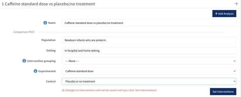 Screenshot showing analysis groups in RevMan