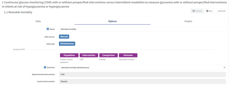 Screenshot showing synthesis PICOs in RevMan