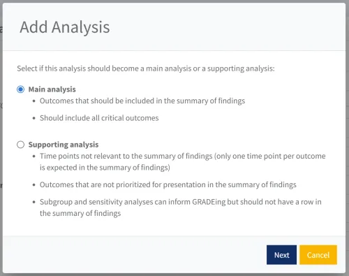 screenshot showing new 'Add Analysis' function in RevMan