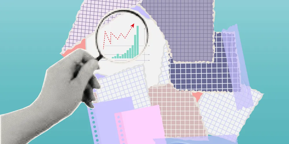 Animated images of a hand holding a looking glass, examining some statistics