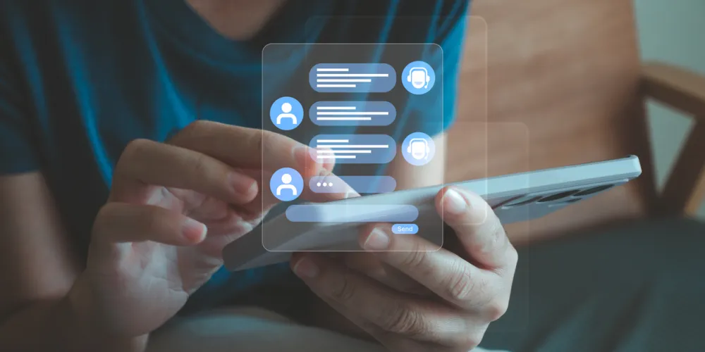 Woman using online customer service with chat bot to get support