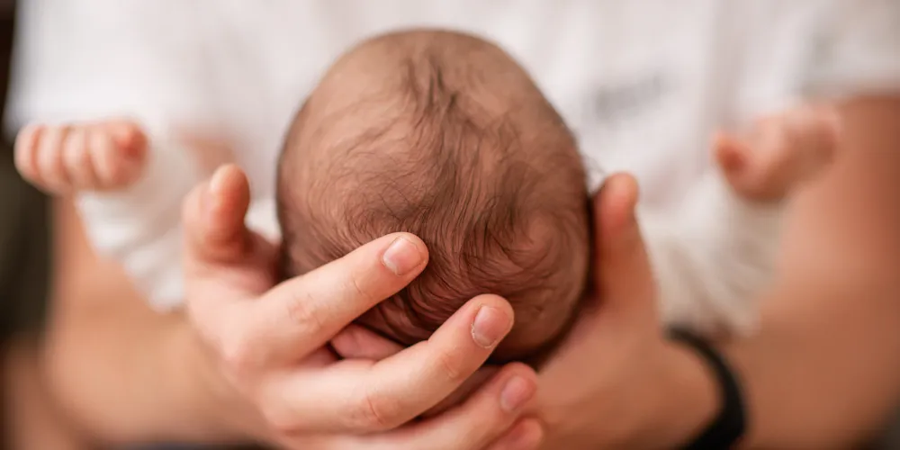 A baby with sparse hair cradled in a person's gentle hands. The scene conveys tenderness and protection, highlighting the baby's small size and vulnerability.