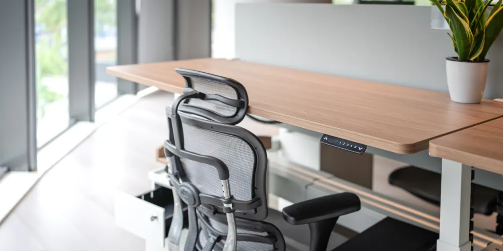 An ergonomic chair and standing desk