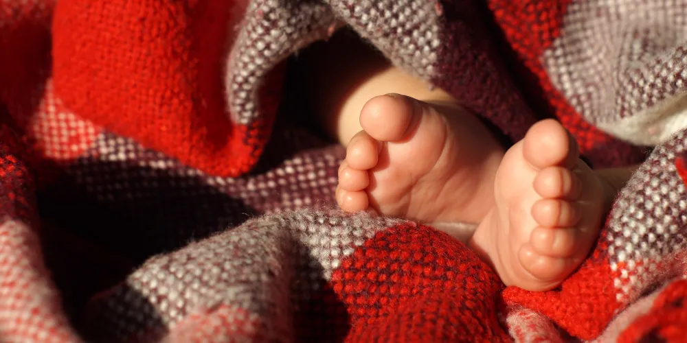 Baby feet peeking from a cozy, red and white checkered blanket. The scene conveys warmth and comfort, with soft sunlight illuminating the fabric.