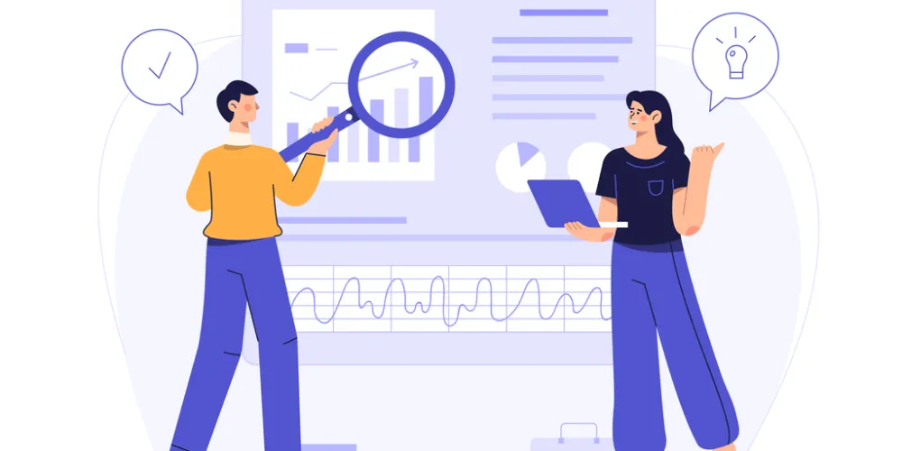 Illustration of two people with a report behind them, one of them is holding a magnifying glass