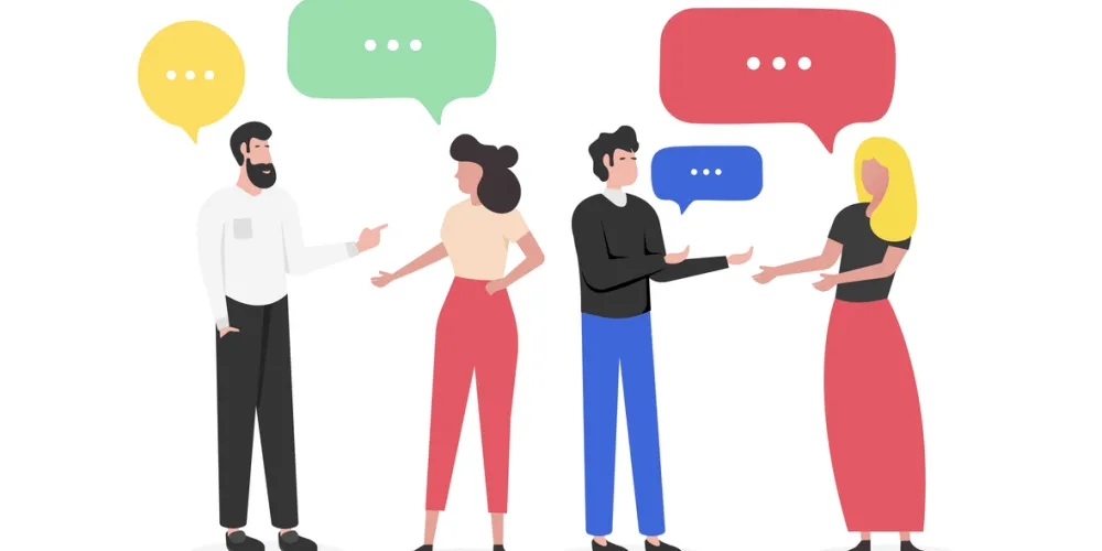 Illustration of four people with coloured speech bubbles appearing between them