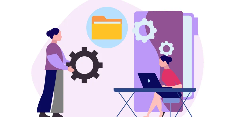 Illustration of a woman on a laptop there are cogs and folder symbols around her