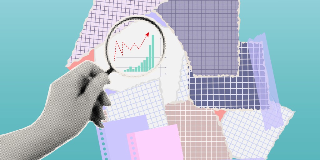 A collage of torn graph paper pieces on a teal background with a grayscale hand holding a magnifying glass, focusing on a rising graph with an upward arrow.